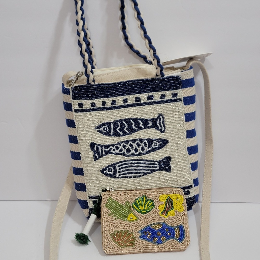 Lulu Beaded Fish Crossbody Bag Navy Tan Striped Coastal Nautical + Coin Bag NEW